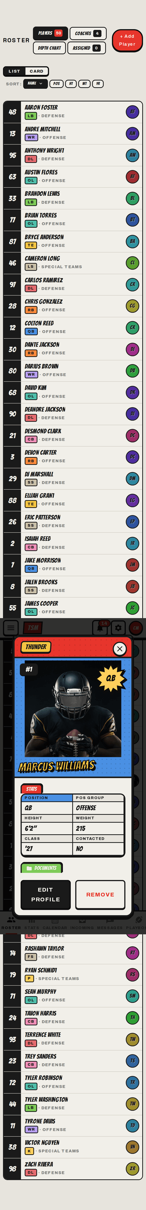 Player profile on mobile showing position and personal stats